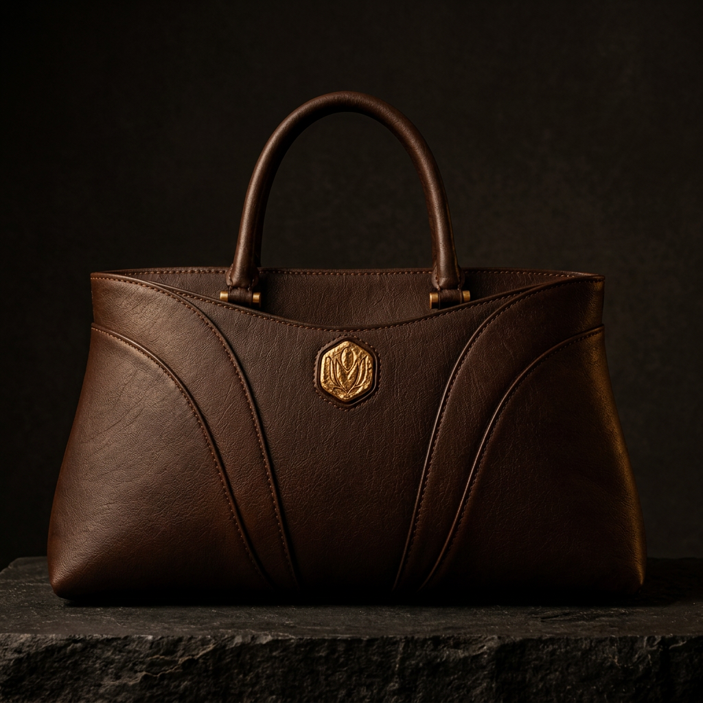 The Nandi top-handle bag in bark-tanned kudu leather on a charcoal stone plinth