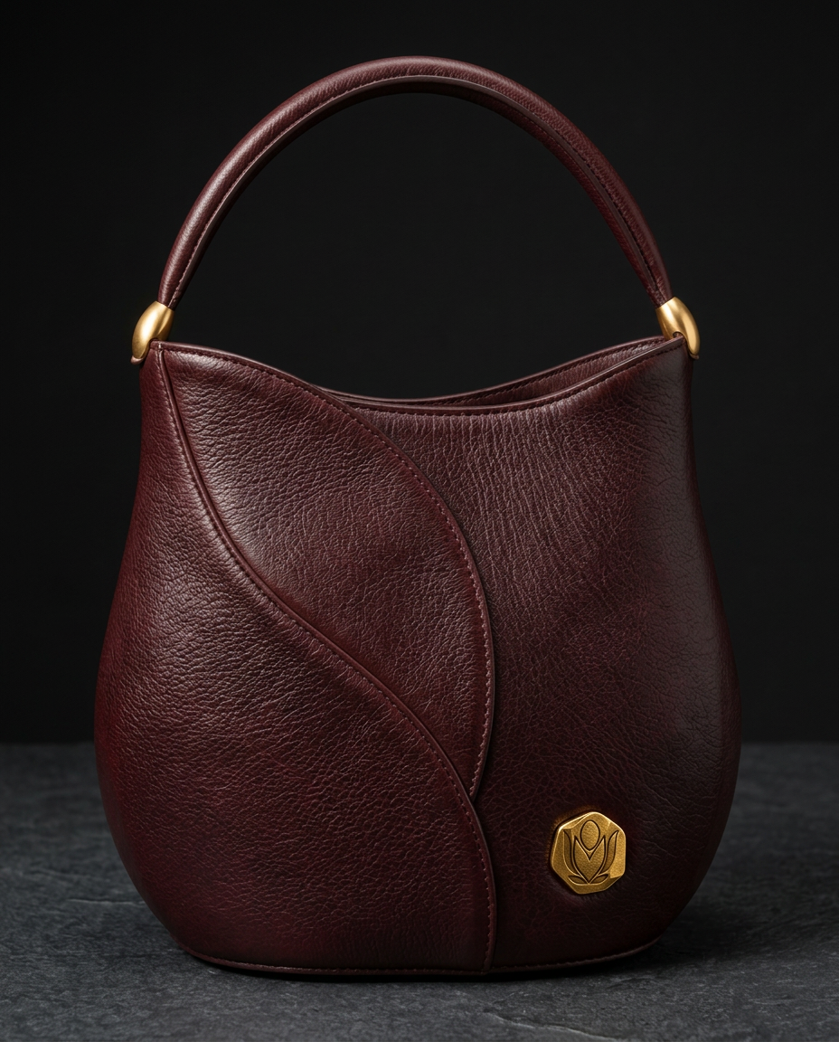The Knysna oxblood greater-kudu bucket bag, front view, showing the overlapping petal panels and the MBALI Gold Nugget at the front seam termination