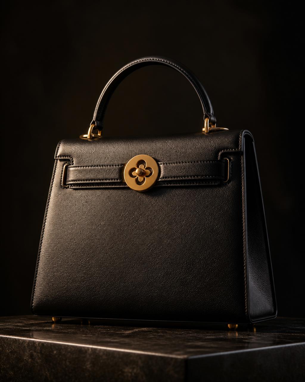The Buhle structured top-handle bag in Black Impala leather with a gold seal turn-lock