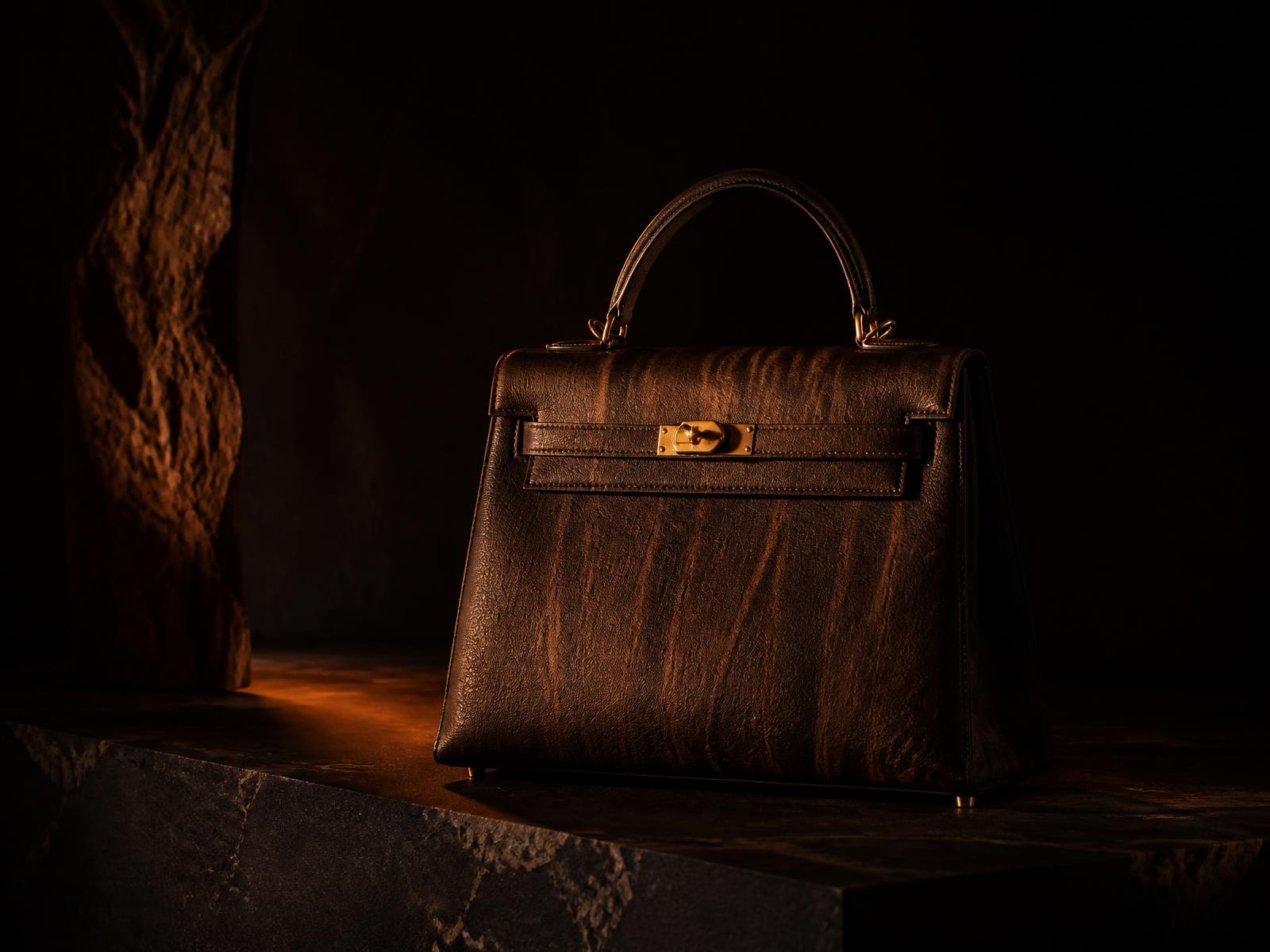 The Nandi top-handle bag in kudu leather on a stone plinth
